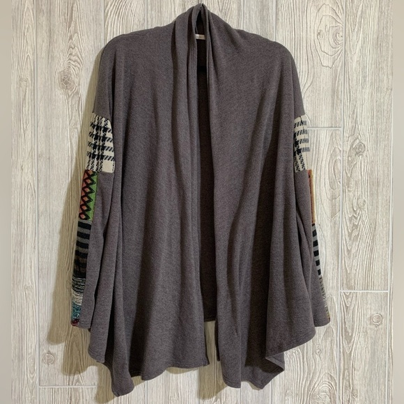 Cozy Drape Front Cardigan With Patchwork Sleeves by 12PM by Mon Ami Size LG - Picture 1 of 8